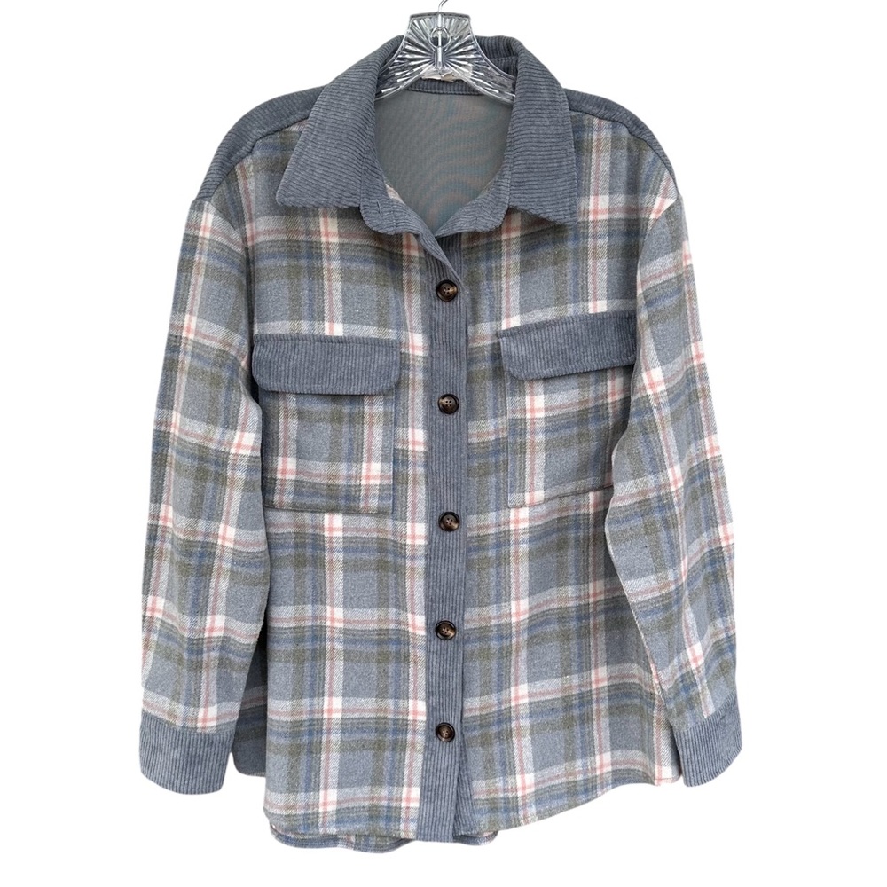 Easel LA Plaid Corduroy Mixed Media‎ Shacket Elbow Patches Size M Blue Pink